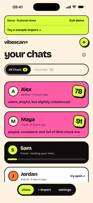 Your chats list with saved reports and their vibe scores