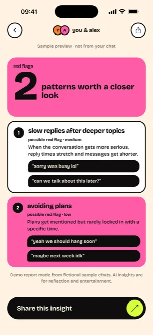 Red flags screen listing two possible patterns with quoted messages